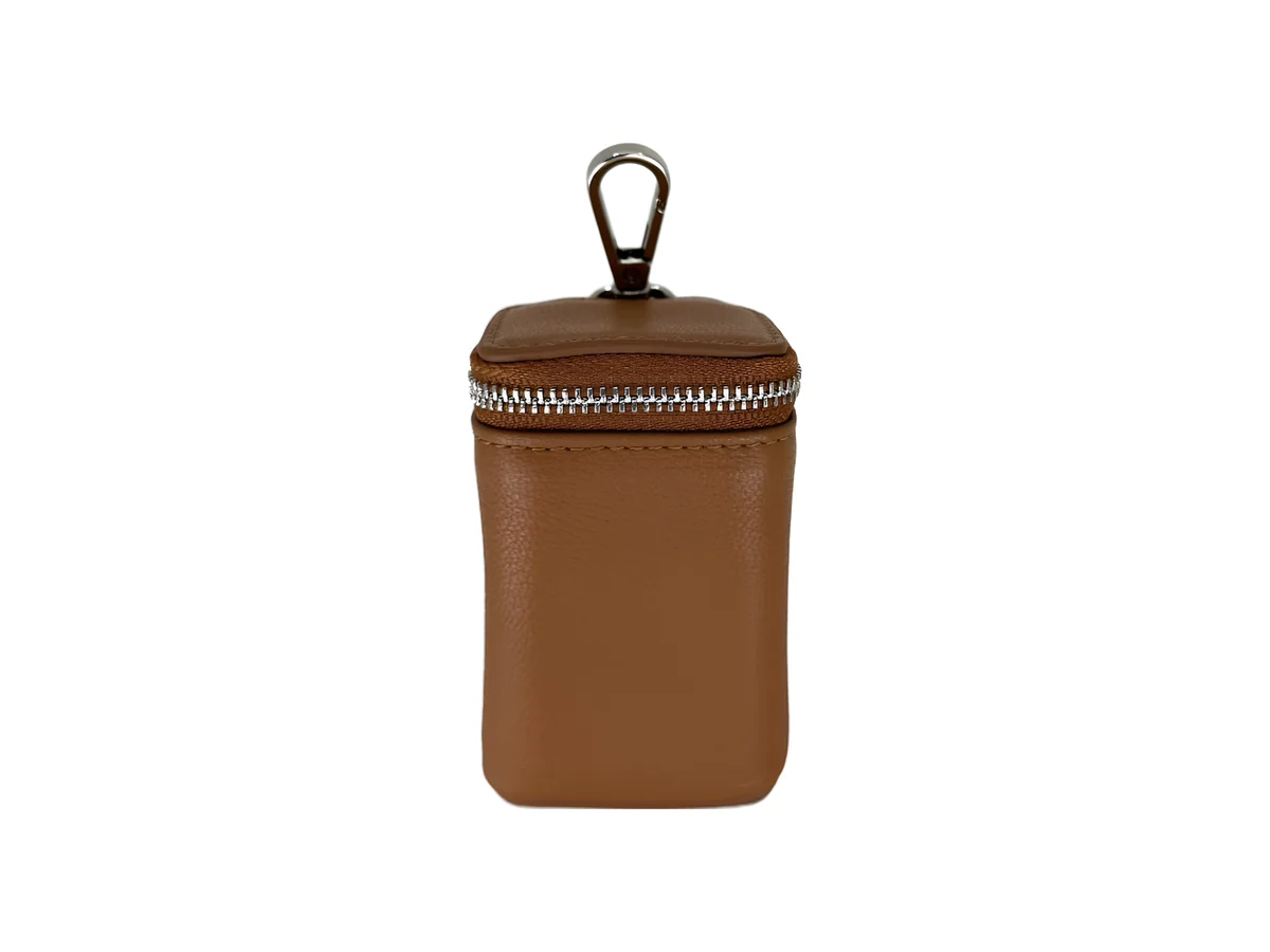 Cognac goatskin poop bag holder with silver hardware, front view
