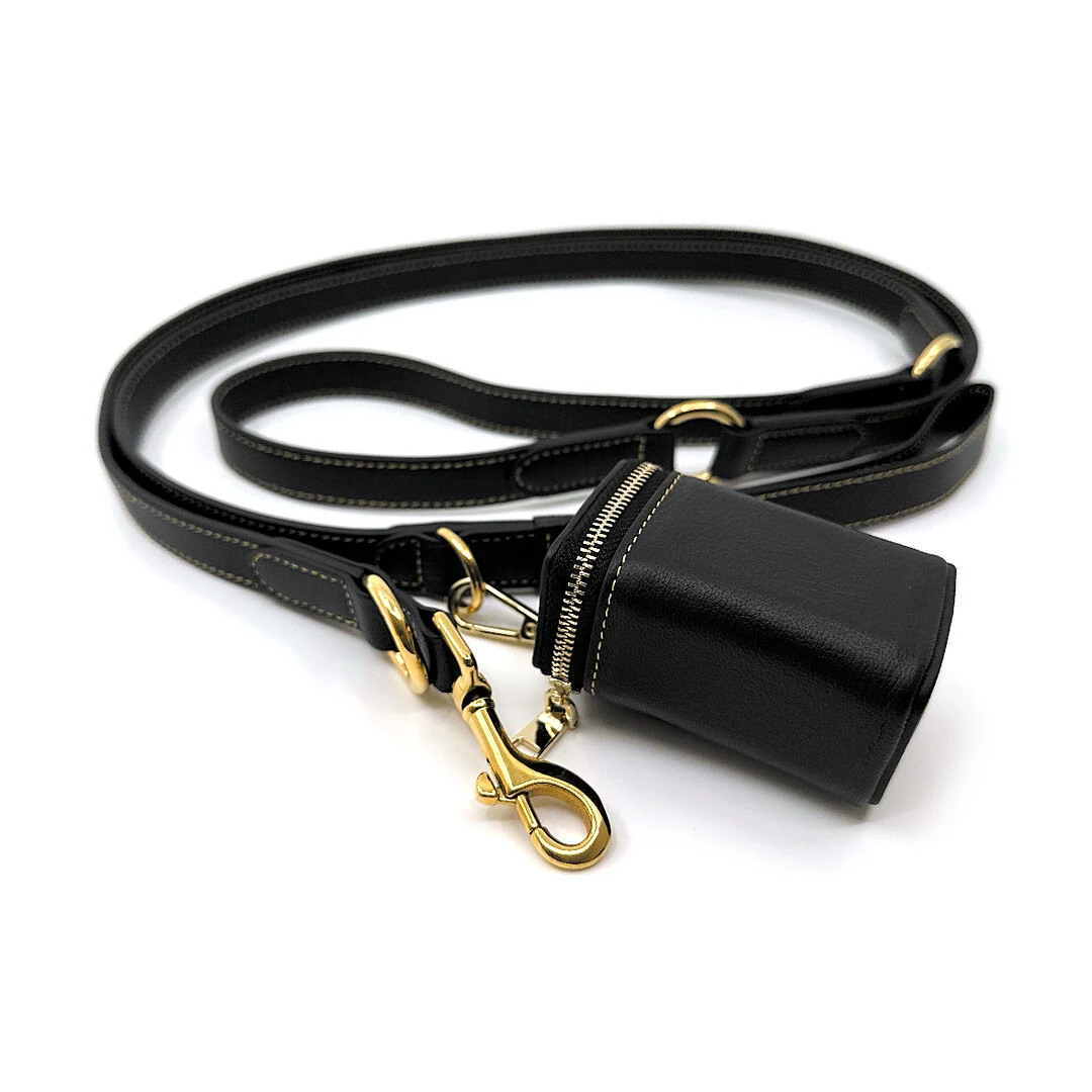 Black Goatskin 7 ft Leash & Poop Bag Holder Set, gold hardware: luxury goatskin dog leash and poop bag holder set