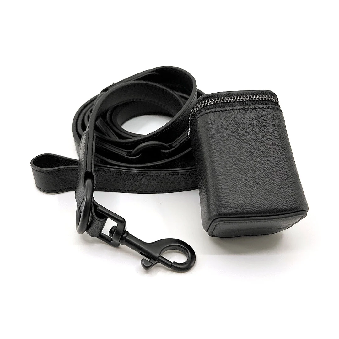 Black Goatskin 7 ft Leash & Poop Bag Holder Set, matte black hardware: luxury goatskin dog leash and poop bag holder set