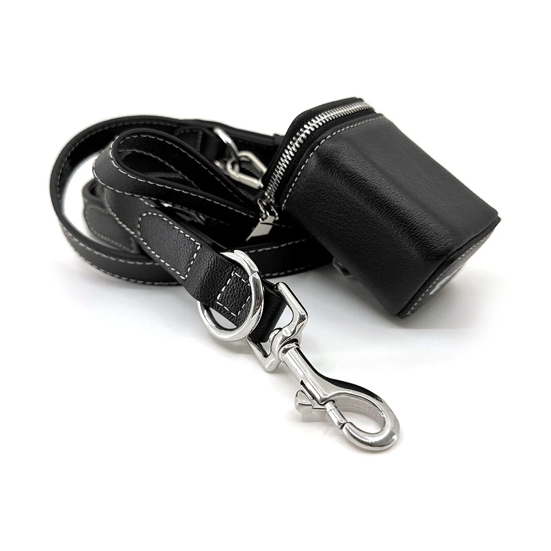 Black Goatskin 7 ft Leash & Poop Bag Holder Set, silver hardware: luxury goatskin dog leash and poop bag holder set