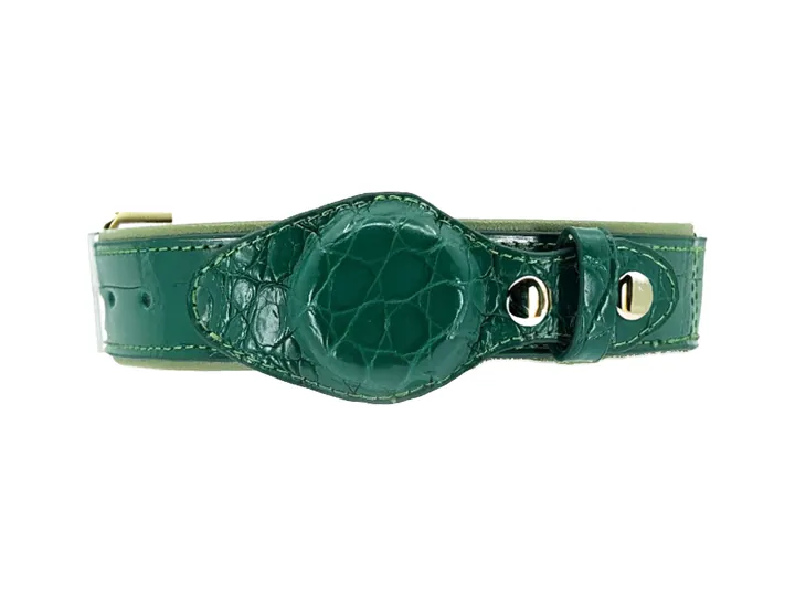 Green Crocodile Tracker Collar, gold hardware: luxury crocodile AirTag dog collar