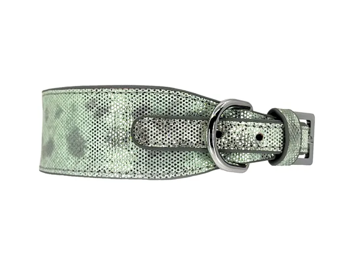 Iridescent Green Water Snake Collar, silver hardware: luxury water snake leather dog collar