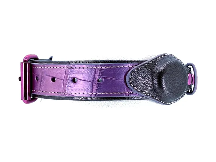 Iridescent Pink Crocodile Tracker Collar, iridescent pink hardware: luxury crocodile AirTag dog collar